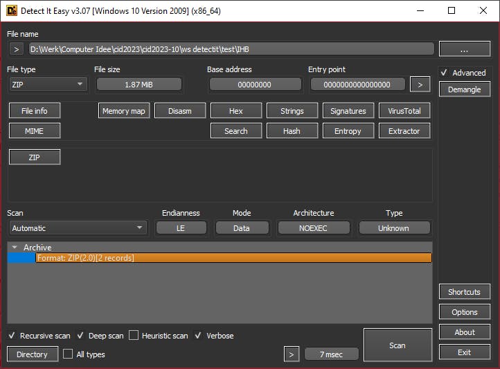 Detect It Easy meldt direct dat het om een zip-bestand gaat.