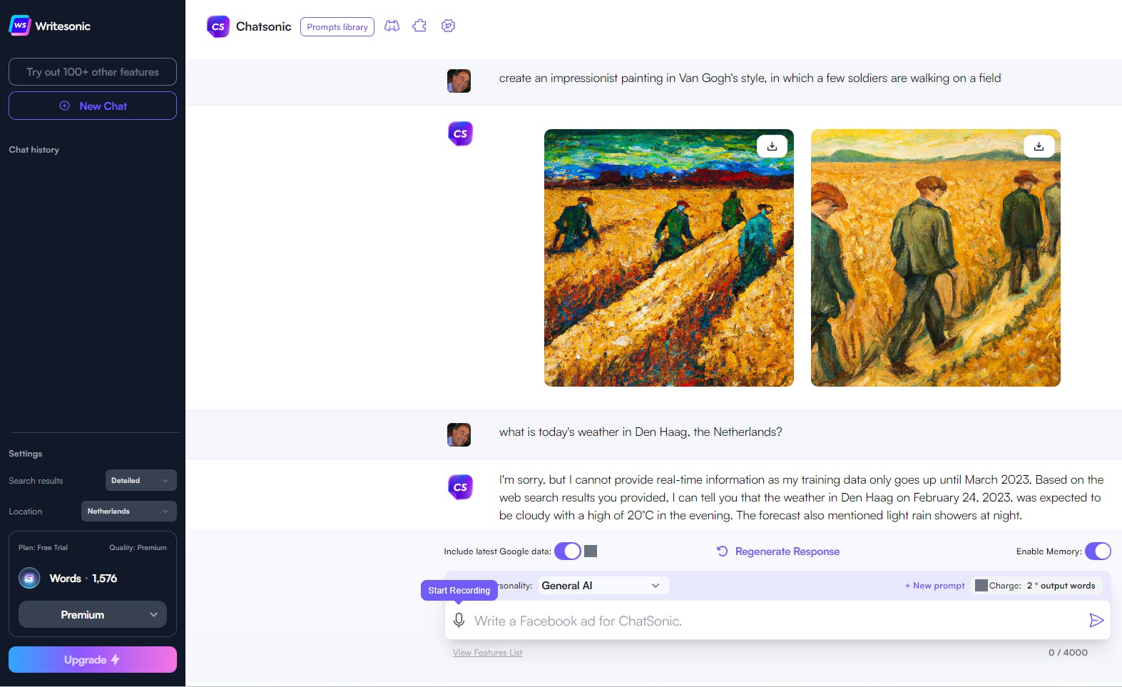ChatSonic biedt meer dan ChatGPT, maar de gratis versie is zeer gelimiteerd.
