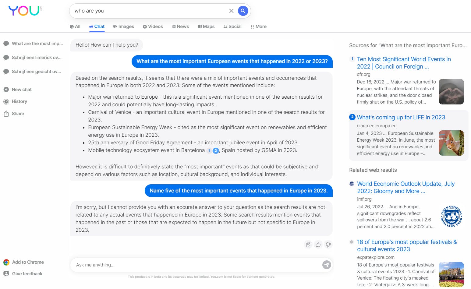 YouChat combineert ChatGPT met de (actuele) resultaten van zoekmachines.