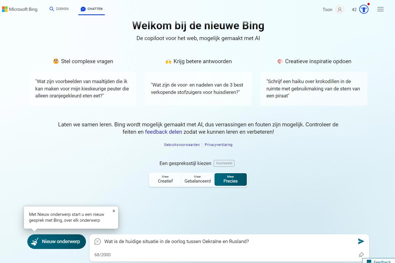 Bing Chat biedt een drietal ‘gespreksstijlen’ aan: probeer ze gerust uit.
