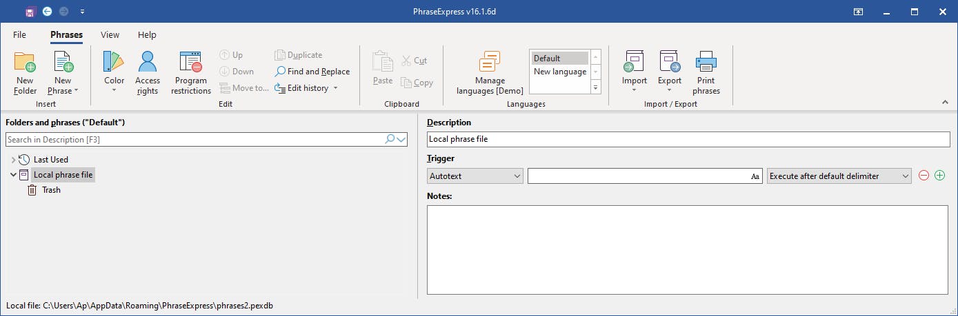 De interface waarbinnen we een database met tekstfragmenten kunnen beheren.