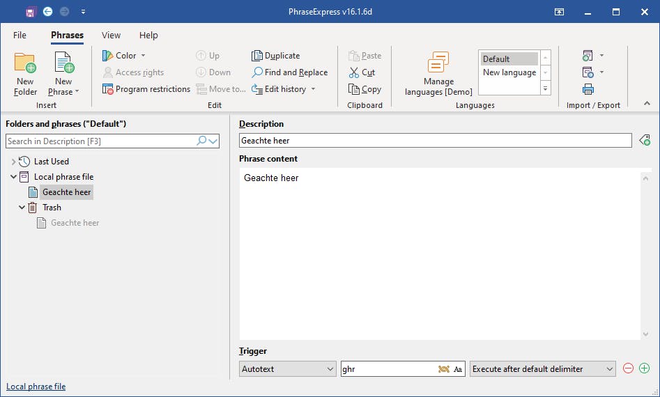 Onze eerste zin is terug te vinden in het hoofdscherm.