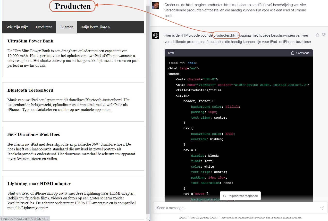 ChatGPT kan ook (bijna) kant-en-klare webpagina’s creëren.