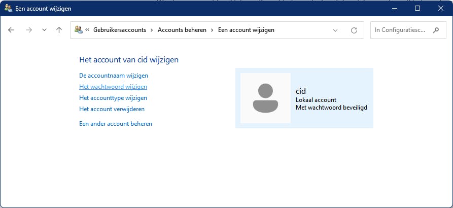 Een beheerder kan het (vergeten) wachtwoord van een andere gebruiker aanpassen.