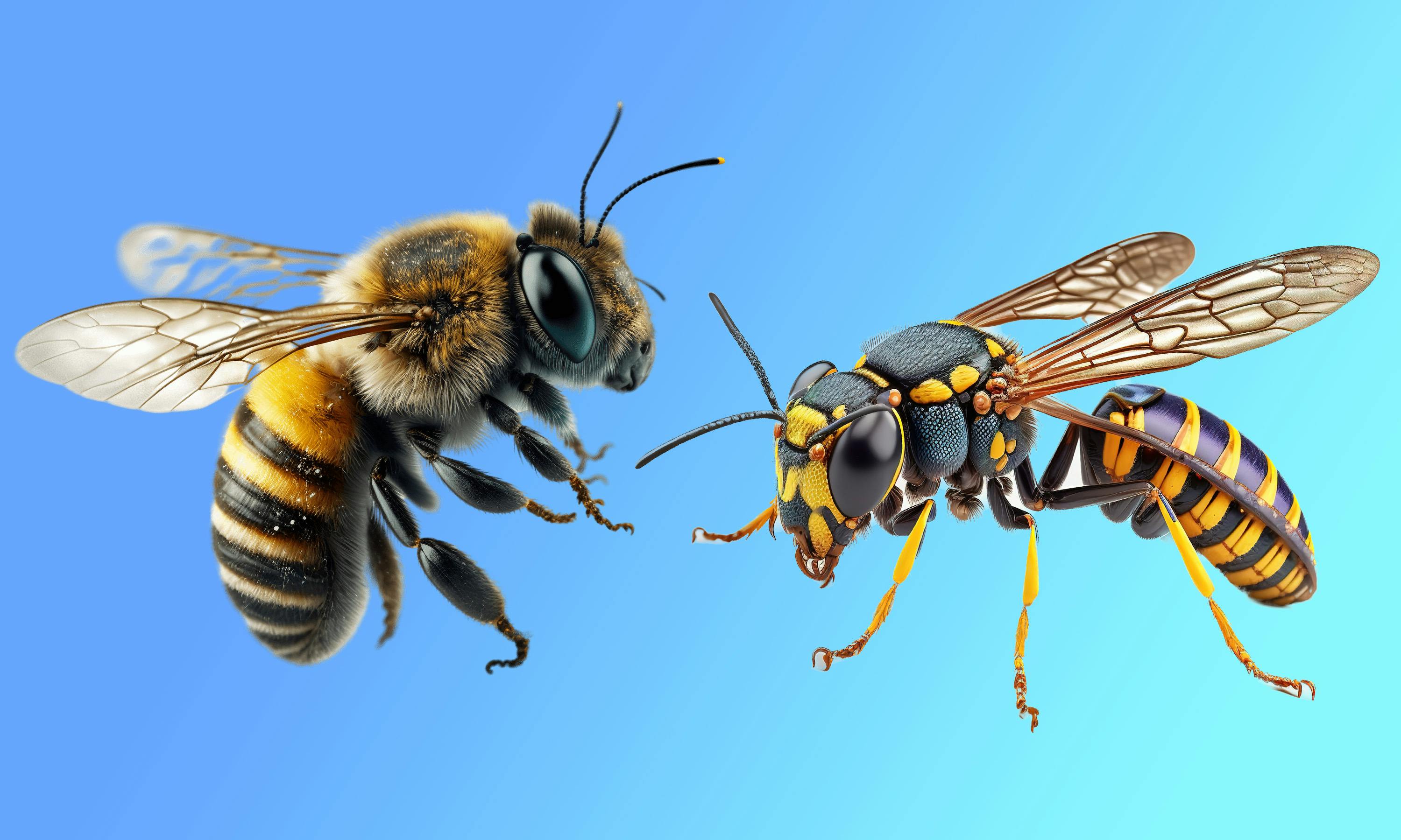 De verschillen: links een bij, rechts een wesp.