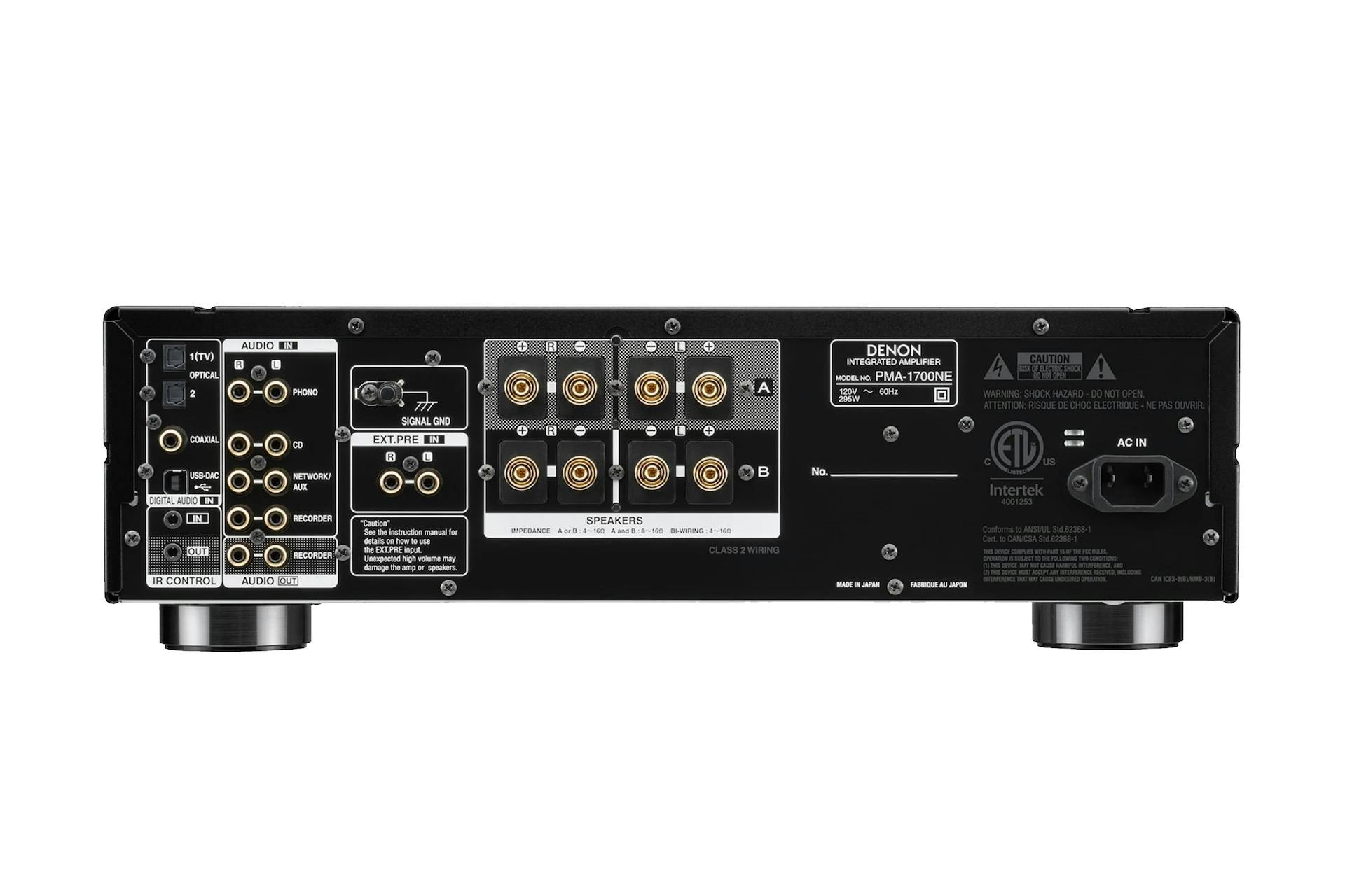 De achterzijde van een Denon PMA-1700NE