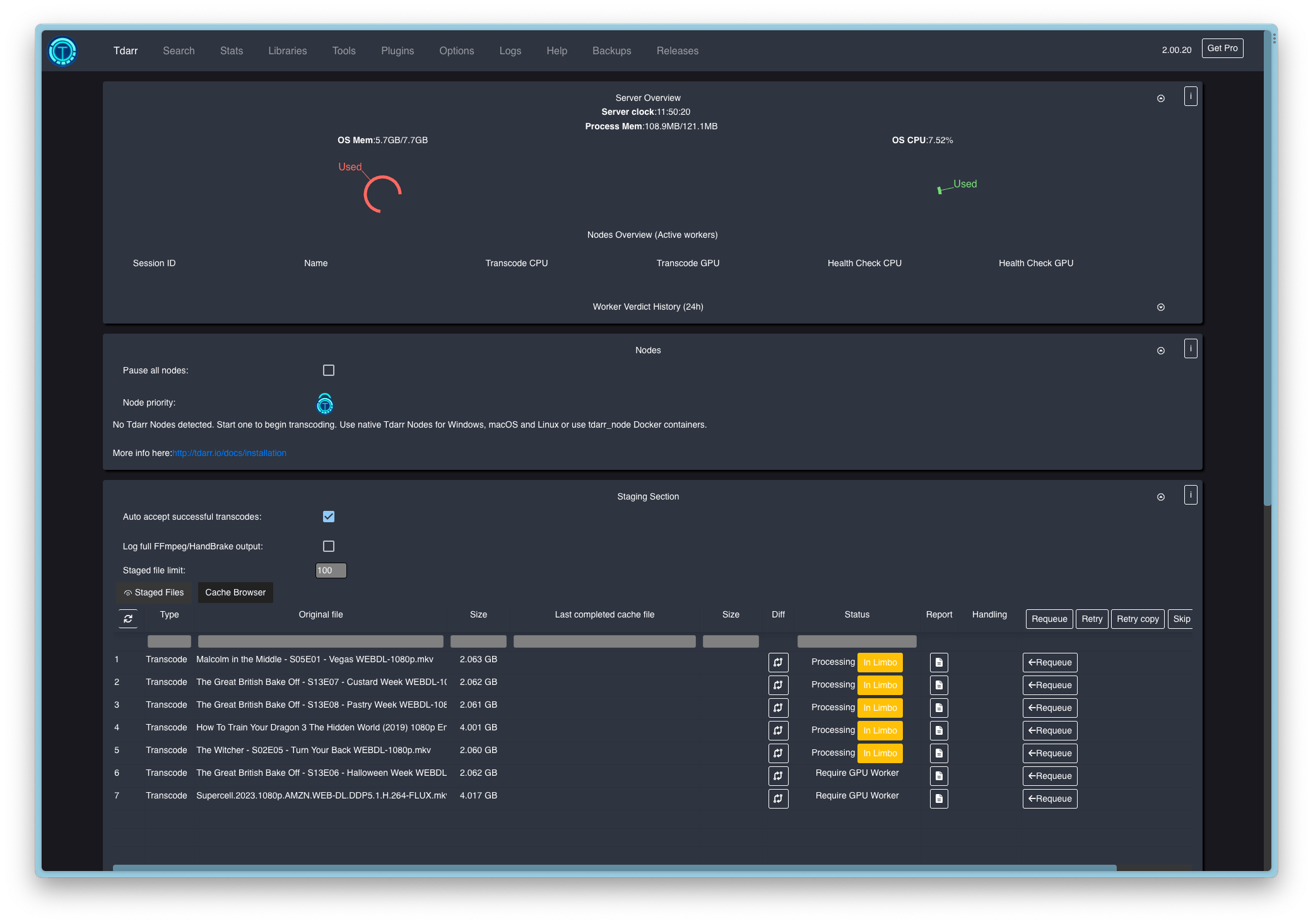 Het hoofdscherm van Tdarr toont wat voor video’s er worden verwerkt. Voor alle afbeeldingen geldt: klik erop voor een grotere weergave.