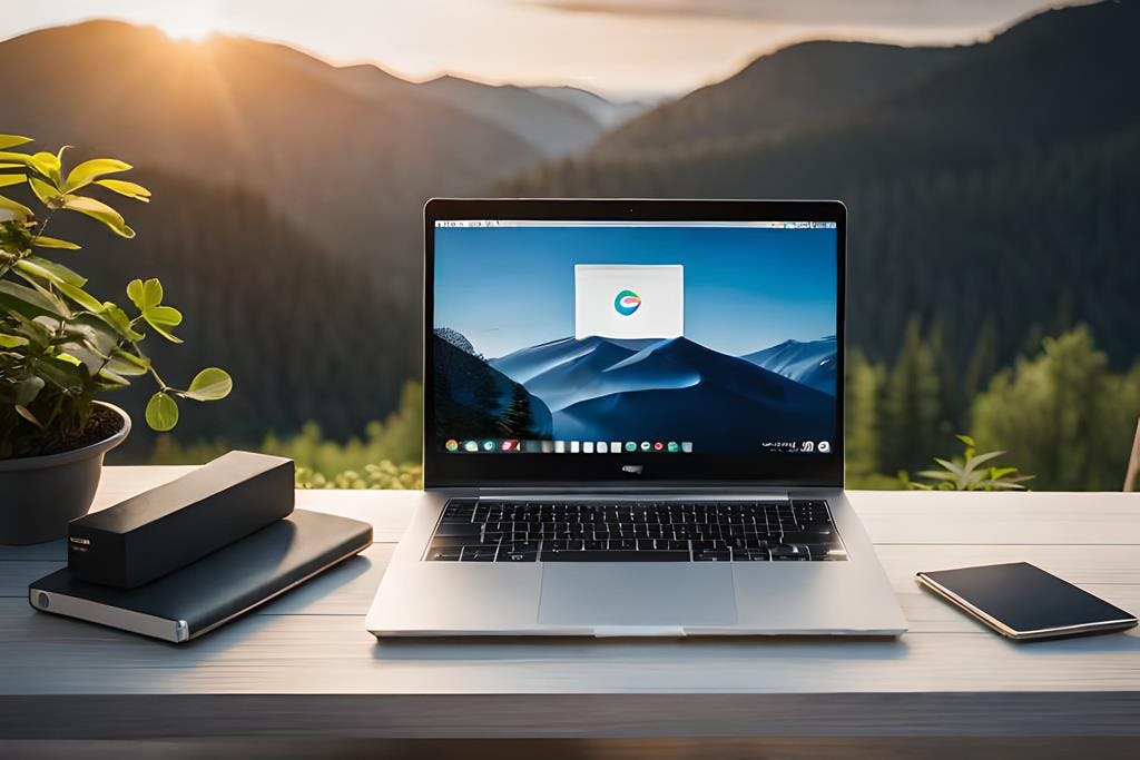 Laptop op tafel buiten met mooi uitzicht