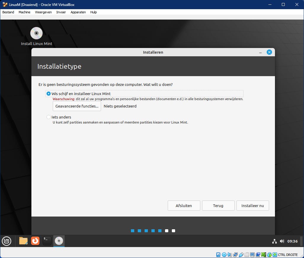 Je mag tijdens de installatie van je virtuele machine gerust je virtuele harde schijf laten wissen.