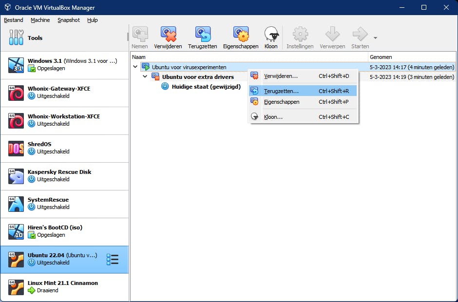 Wel zo handig: een snapshot maken voor je je aan experimenten waagt.