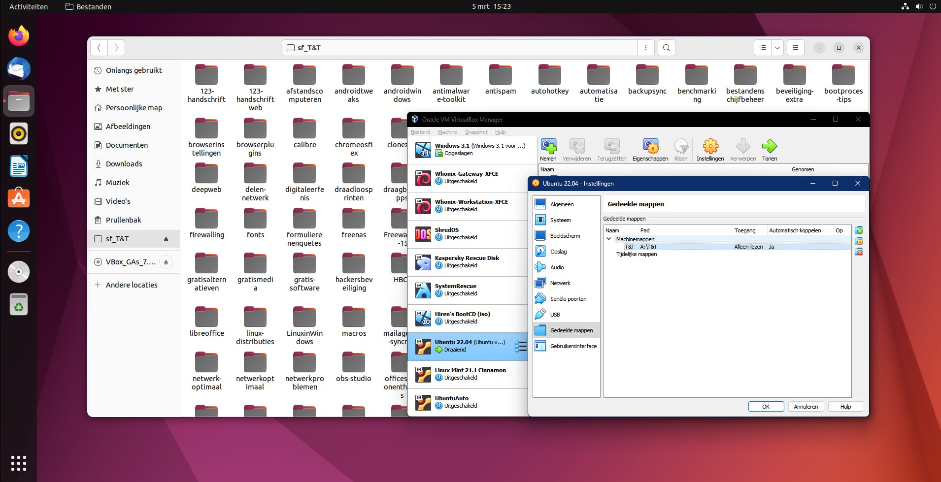 Er zijn tig opties waarmee je je virtuele machine optimaal instelt (hier: gedeelde mappen tussen een virtuele Ubuntu en hostsysteem Windows 11).