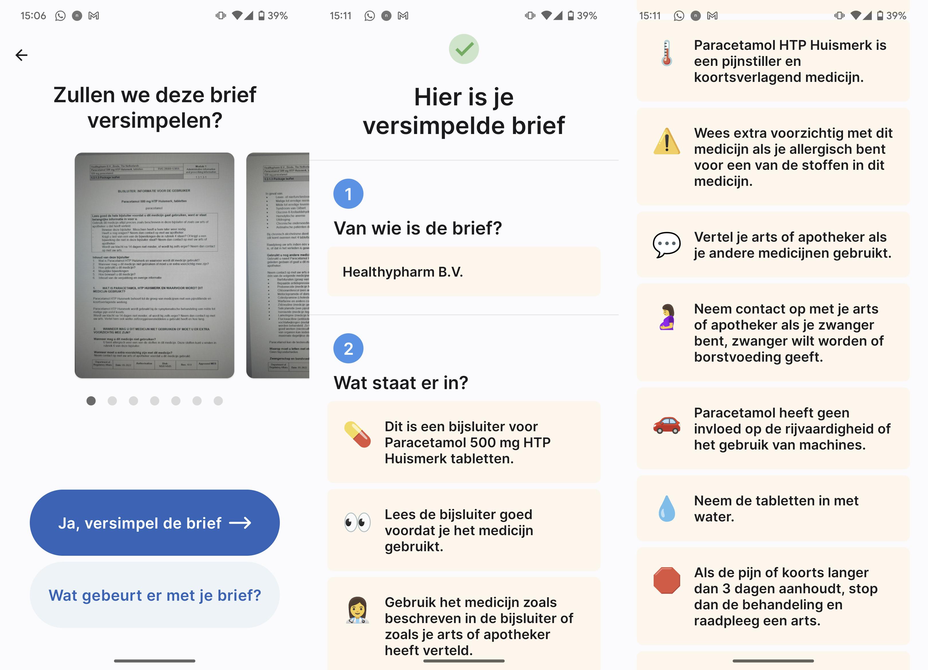 De bijsluiter van paracetamol in de Lees Simpel-app.