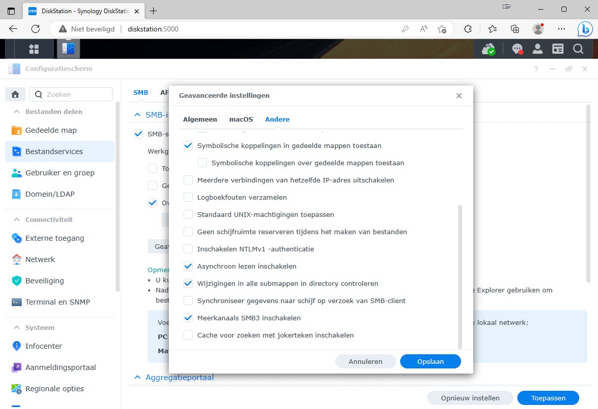Bij een NAS van Synology moet je meerkanaals SMB-verbindingen zelf aanzetten.