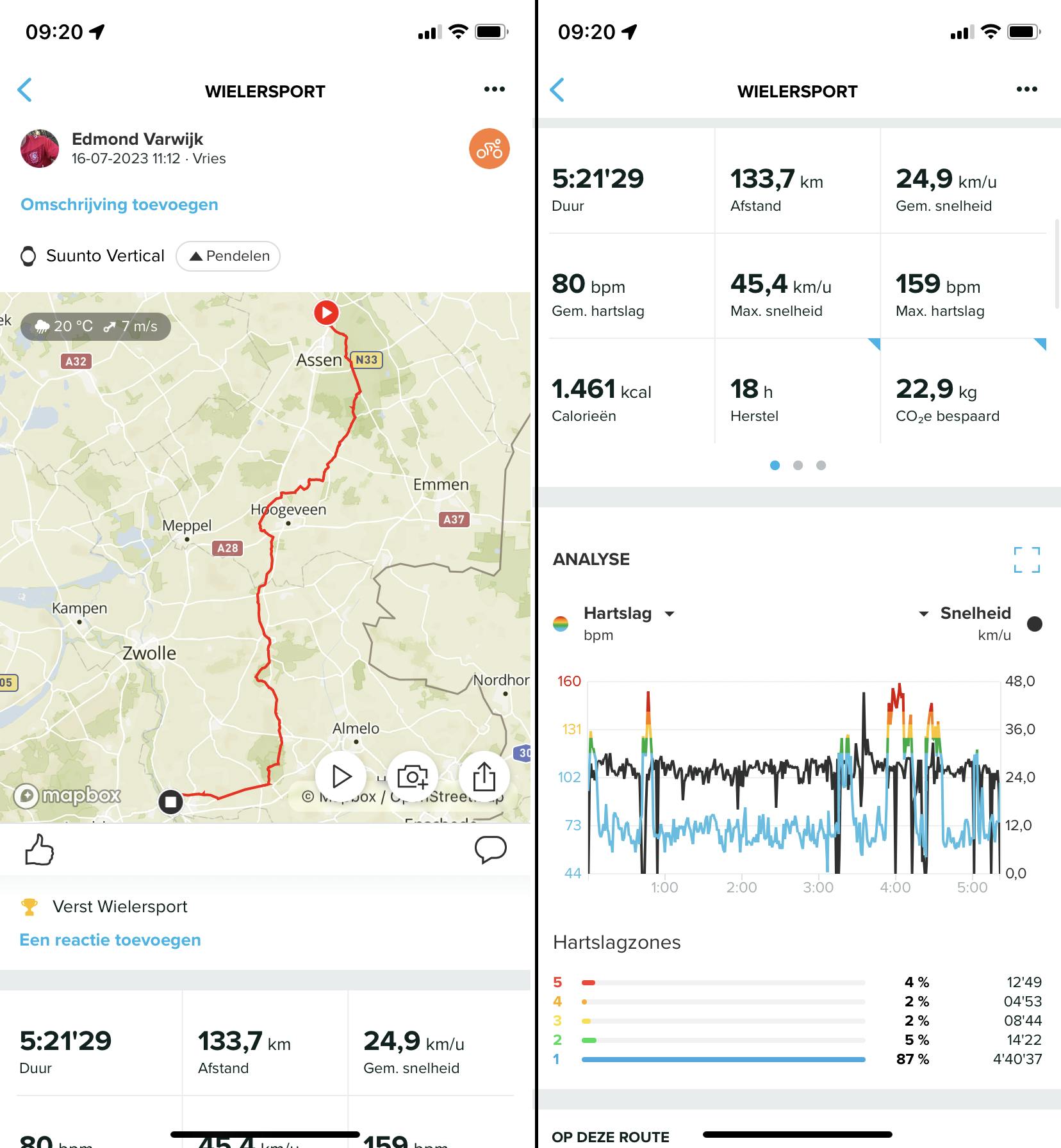 Twee weergaven van de Suunto-app naast elkaar met links de route en rechts de statistieken.