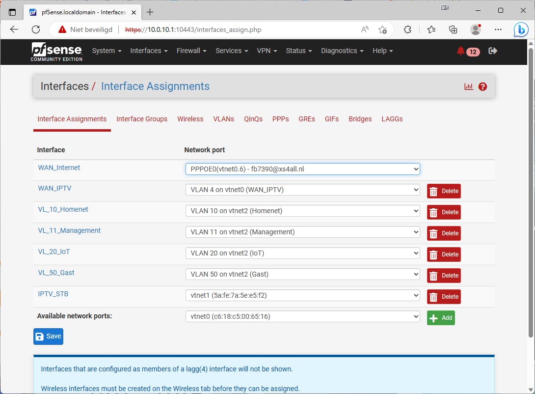 Binnen pfSense configureer je alle bridges naar je voorkeuren.