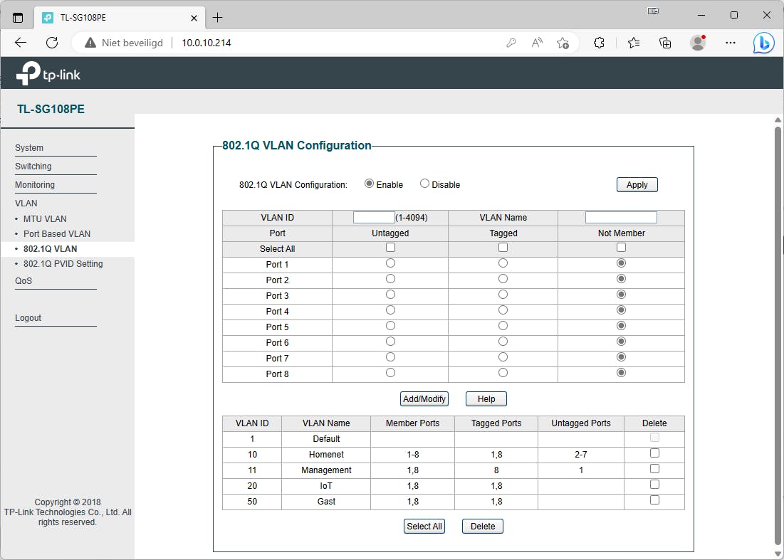 Via een configuratiepagina configureer je de verschillende VLAN’s.