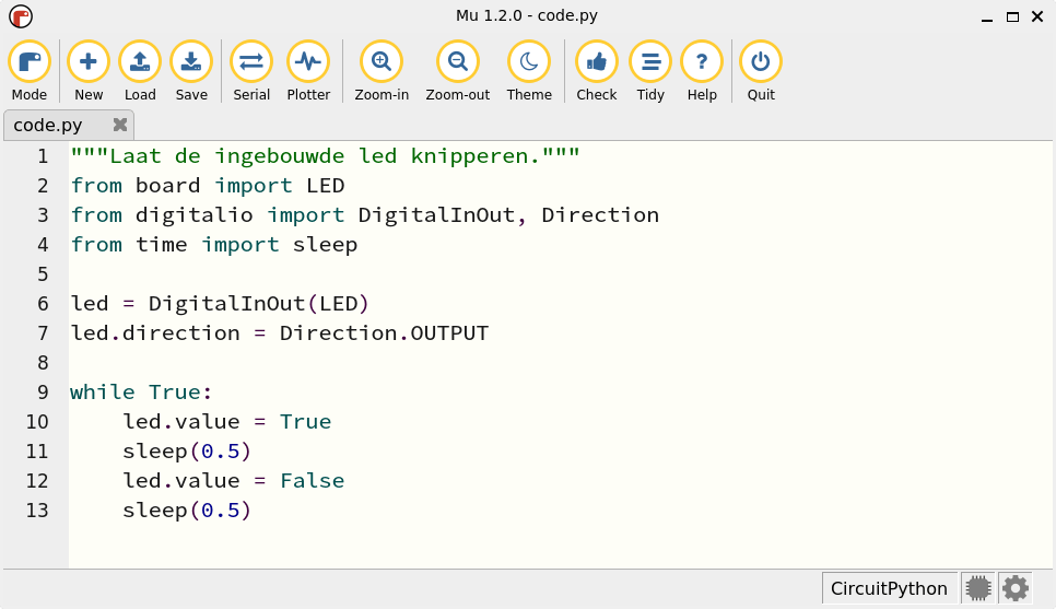 In de code-editor Mu kunnen we CircuitPython-code schrijven en op de Raspberry Pi Pico installeren.