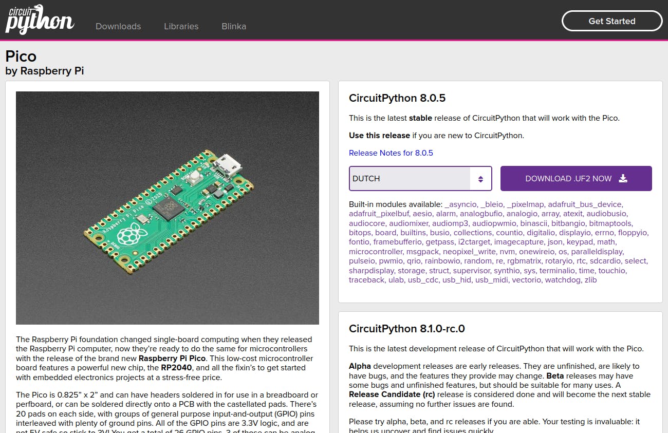 Download het firmwarebestand van CircuitPython voor de Raspberry Pi Pico.