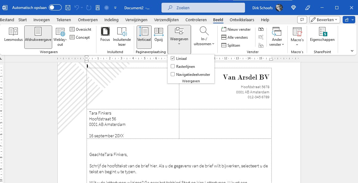 Bij een kort document regel je de marges het best via de liniaal.