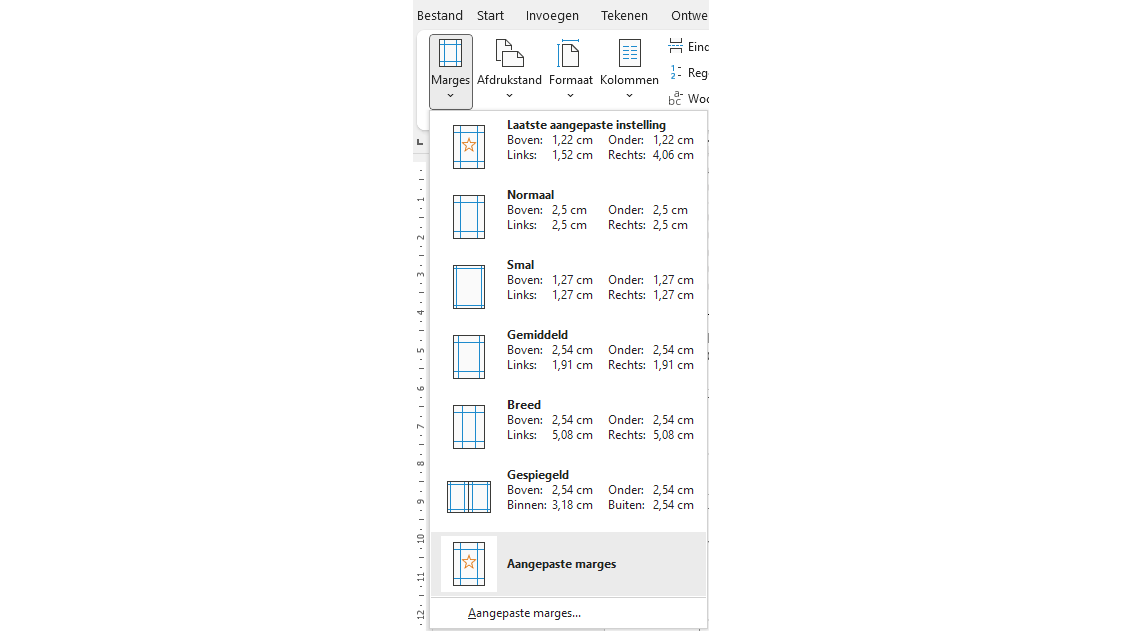 Word presenteert vijf standaardinstellingen.