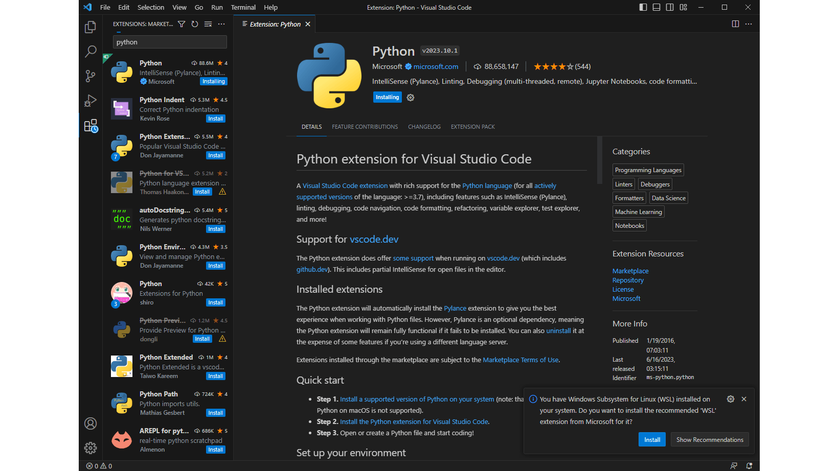 Installeer de Python-uitbreiding in Visual Studio Code.