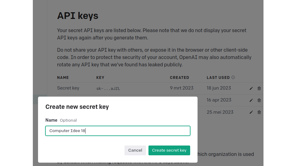 Maak een API-sleutel aan bij OpenAI.