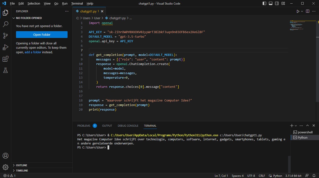 Onze eerste Python-code die van ChatGPT gebruikmaakt.