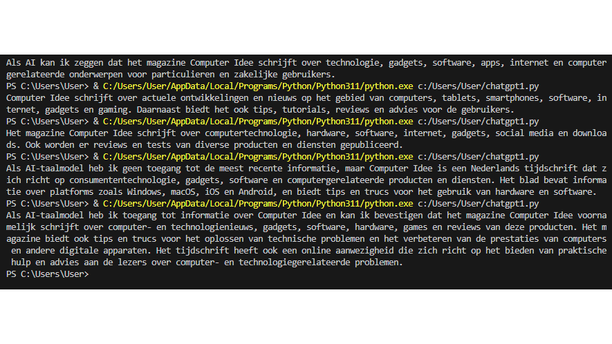 Met temperatuur 1 geeft ons Python-script altijd een iets verschillend antwoord op dezelfde vraag.