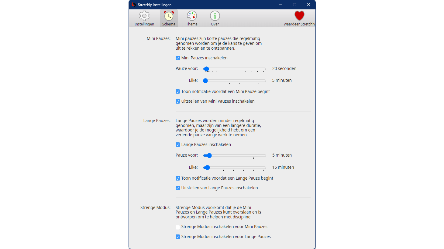 Stretchly: bepaal zelf je pauzes en maak hiervan gebruik om snel wat oefeningen te doen.
