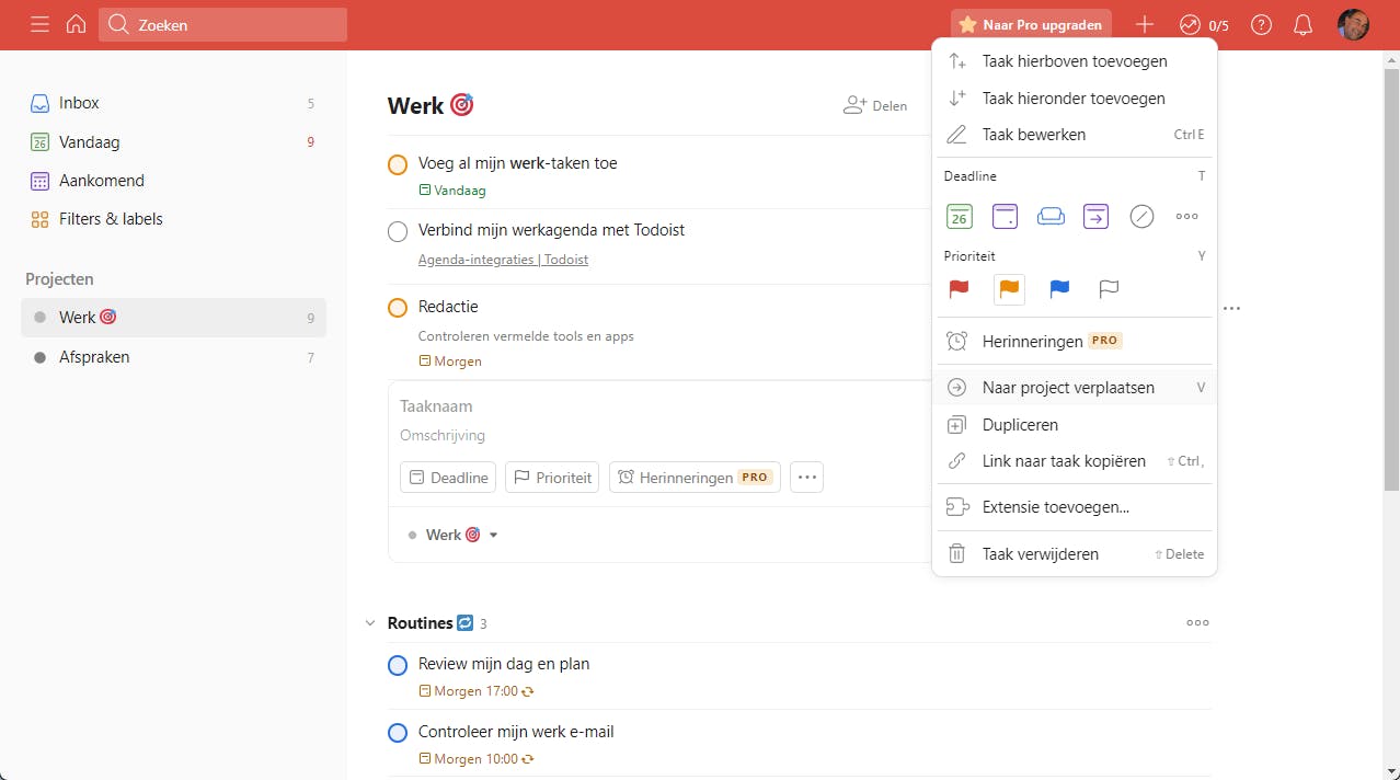 Todoist: krijg overzicht met projecten, (deel)taken, secties en deadlines.