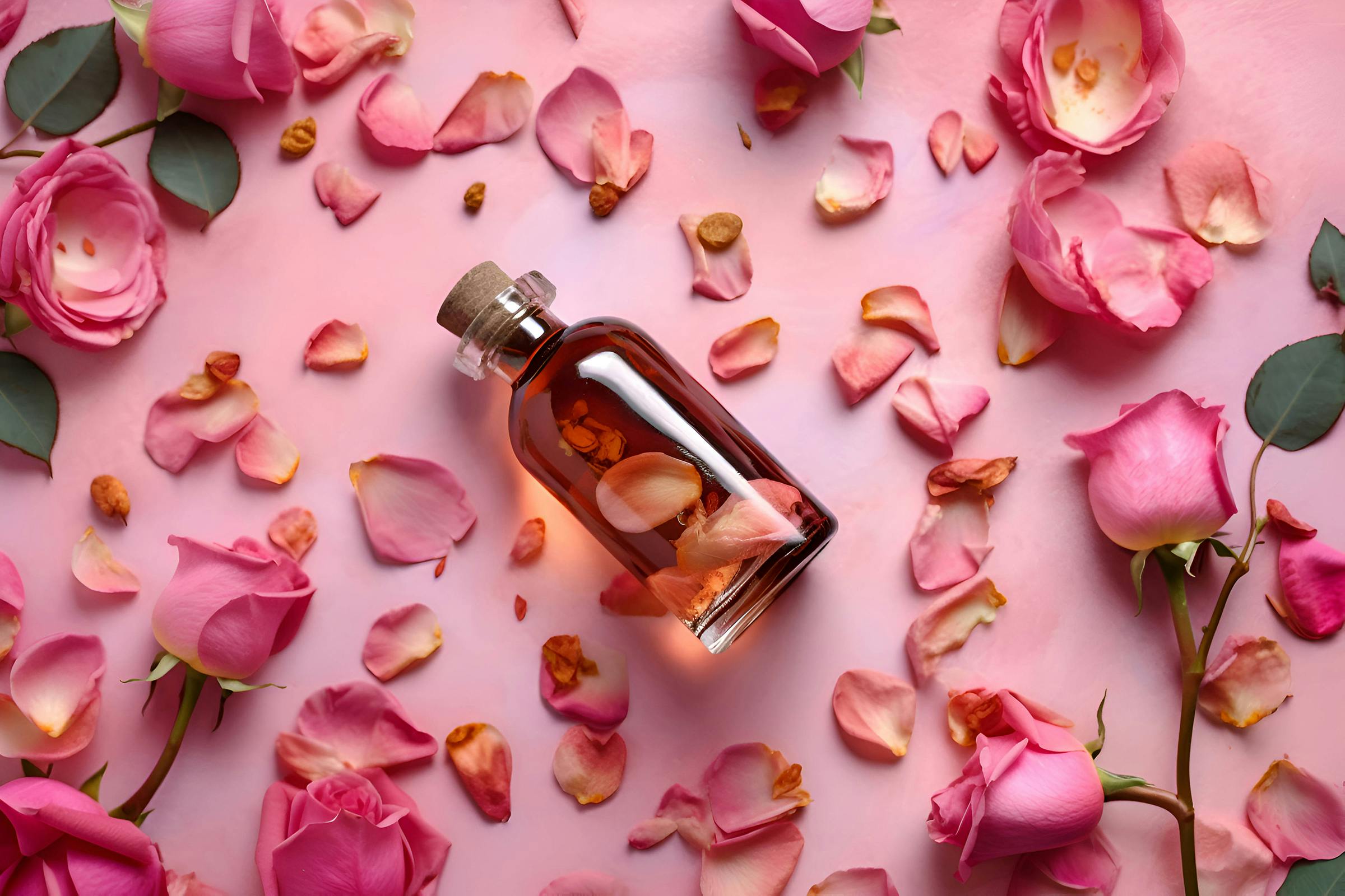 Flesje massage-olie met rozenblaadjes