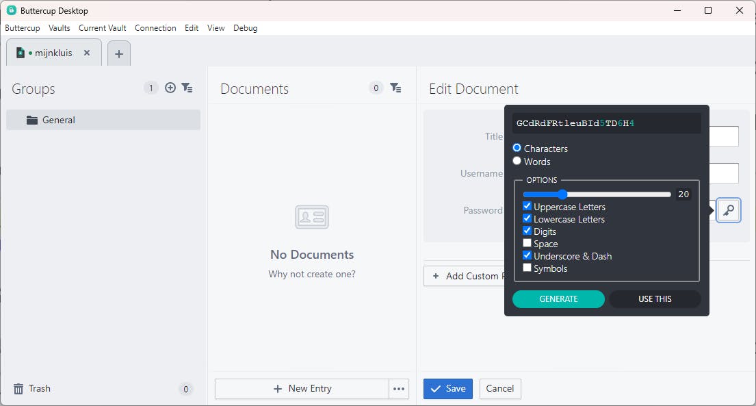 Buttercup genereert desgewenst zelf wachtwoorden.