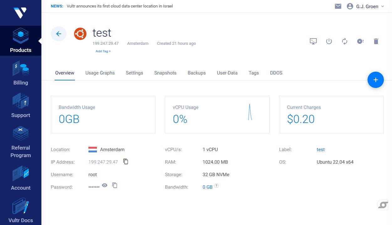 Voor deze VPS zijn 21 uur na het aanmaken 20 dollarcent aan kosten gemaakt.