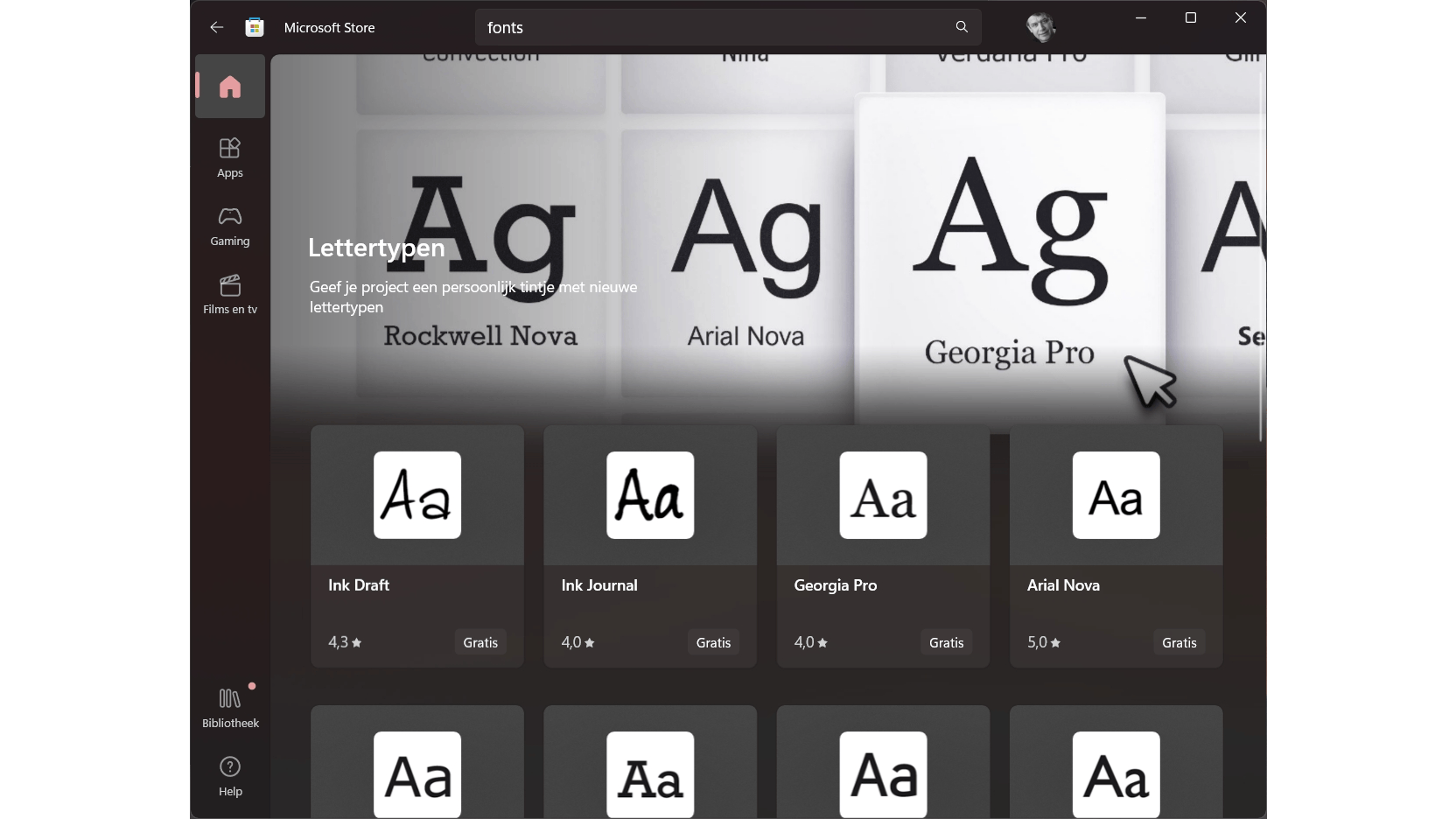 Zoek in de Microsoft Store het lettertype dat je wilt toevoegen.