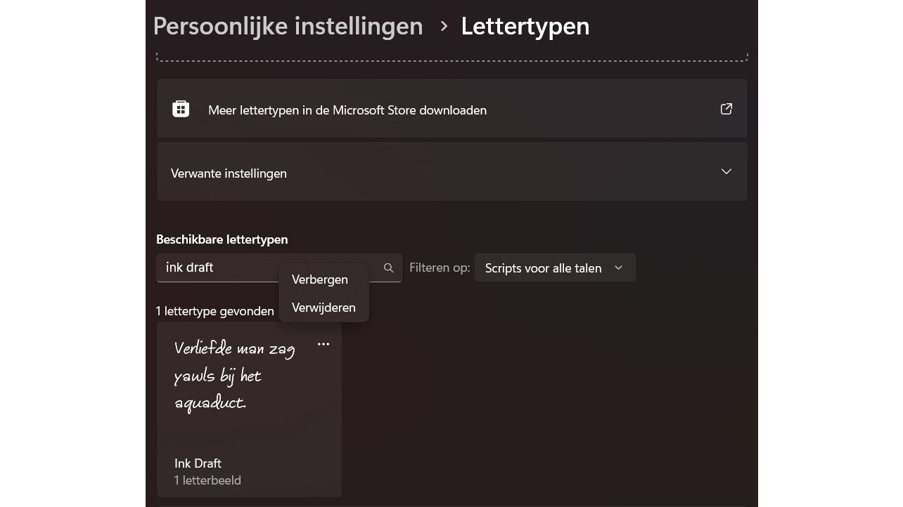 Via de knop met de drie puntjes kun je lettertypen verwijderen.