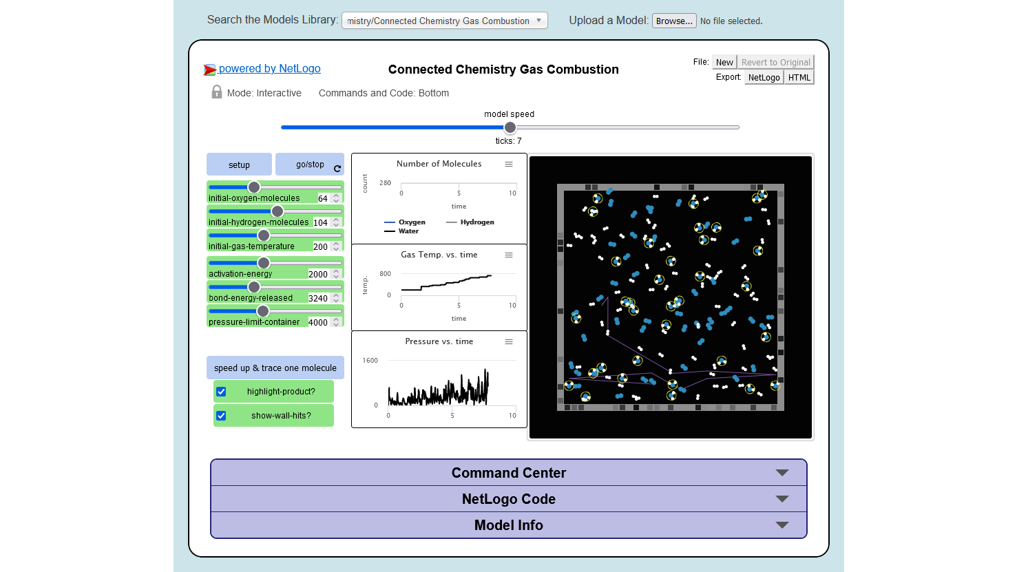 De simulatie begint te lopen nadat we op de knop speed up & trace one molecule hebben geklikt.