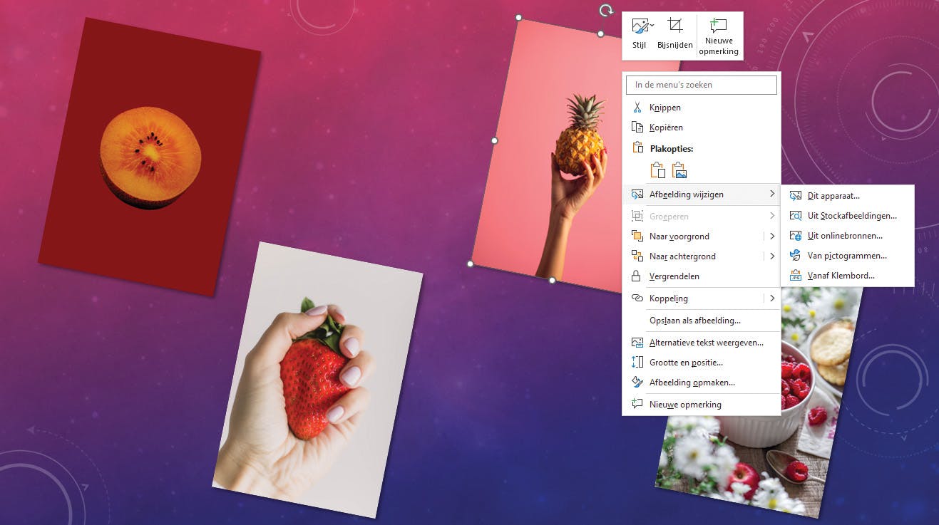 Met de opdracht Afbeelding wijzigen importeer je telkens een andere foto in de ingestelde opmaak.
