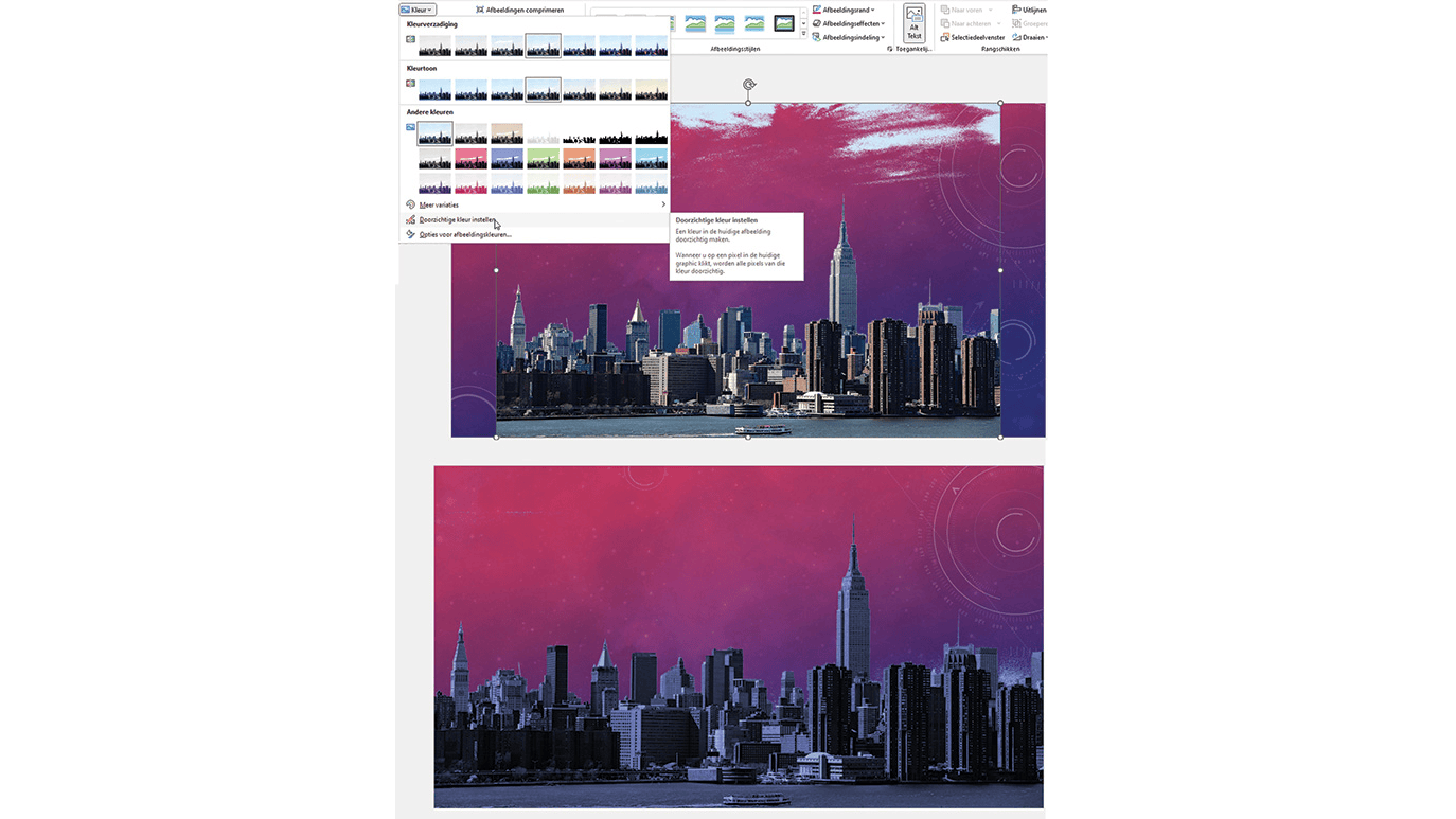 Boven de automatische functie Doorzichtige kleur, onder het resultaat.