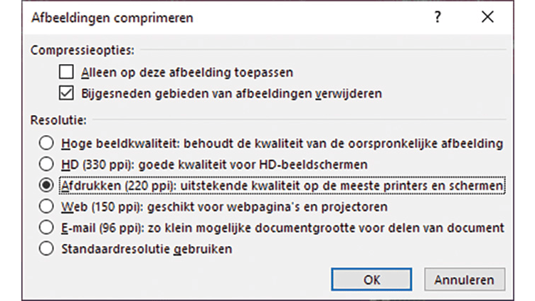 Door alle afbeeldingen te comprimeren, wordt de presentatie veel kleiner.