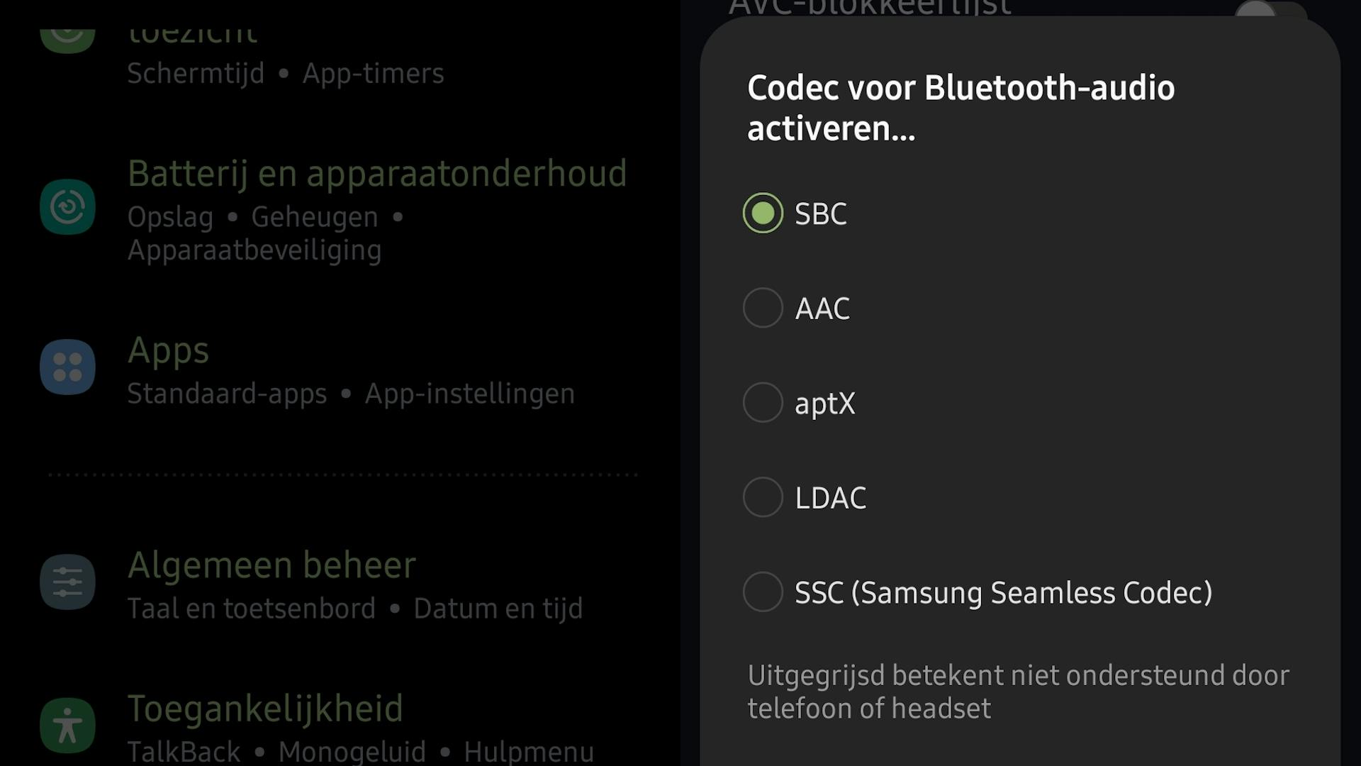 Screenshot van de ontwikkelaarsopties bij een Samsung.