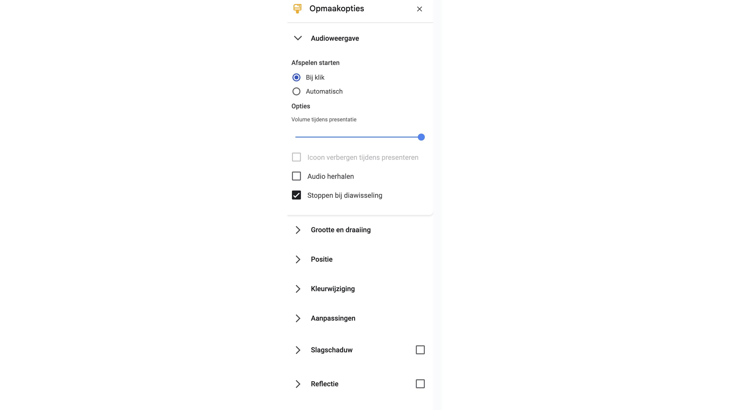 Bij de Opmaakopties regel je op welke manier het geluid begint te spelen.