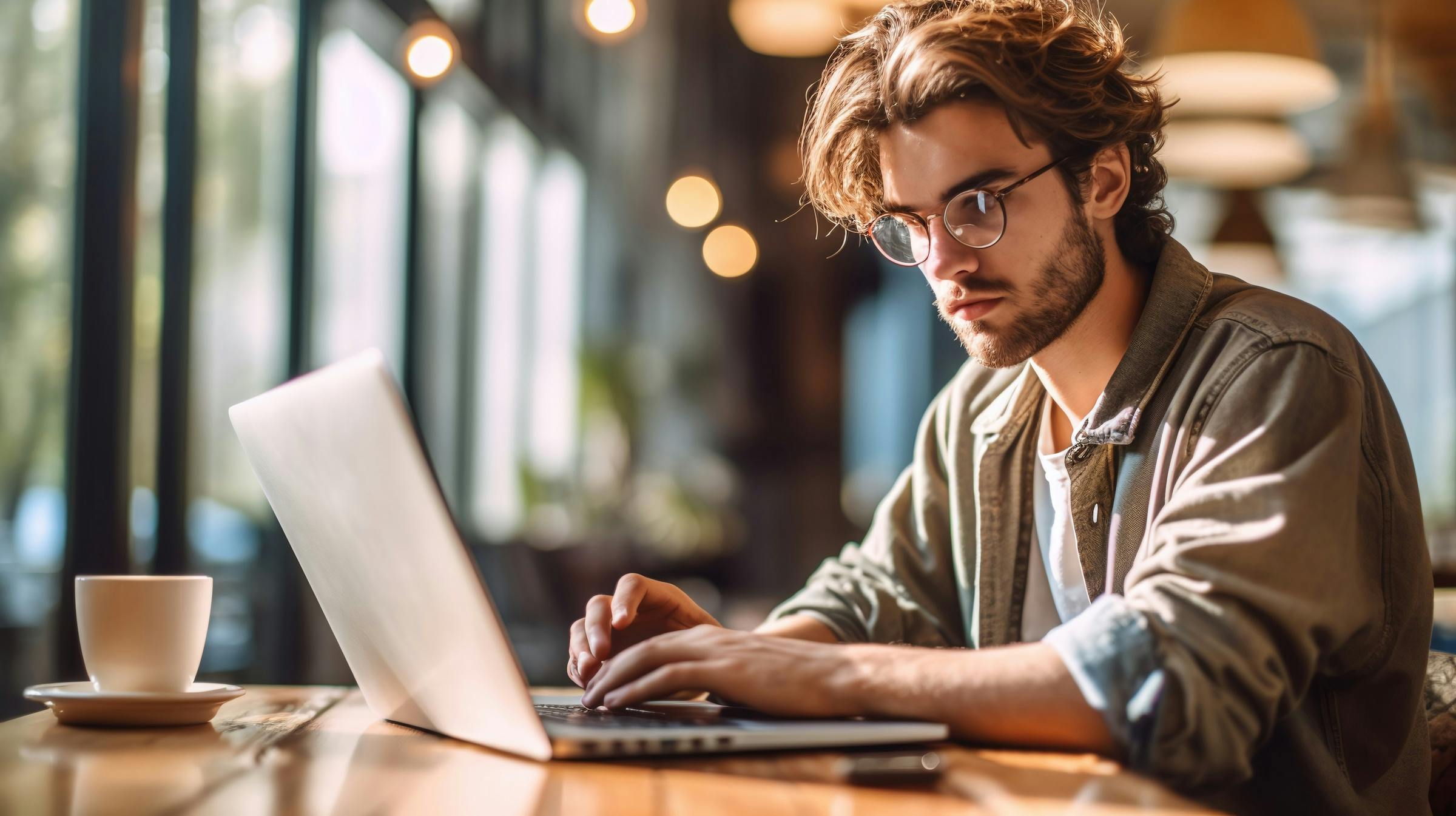 Jongeman achter laptop in koffiebar
