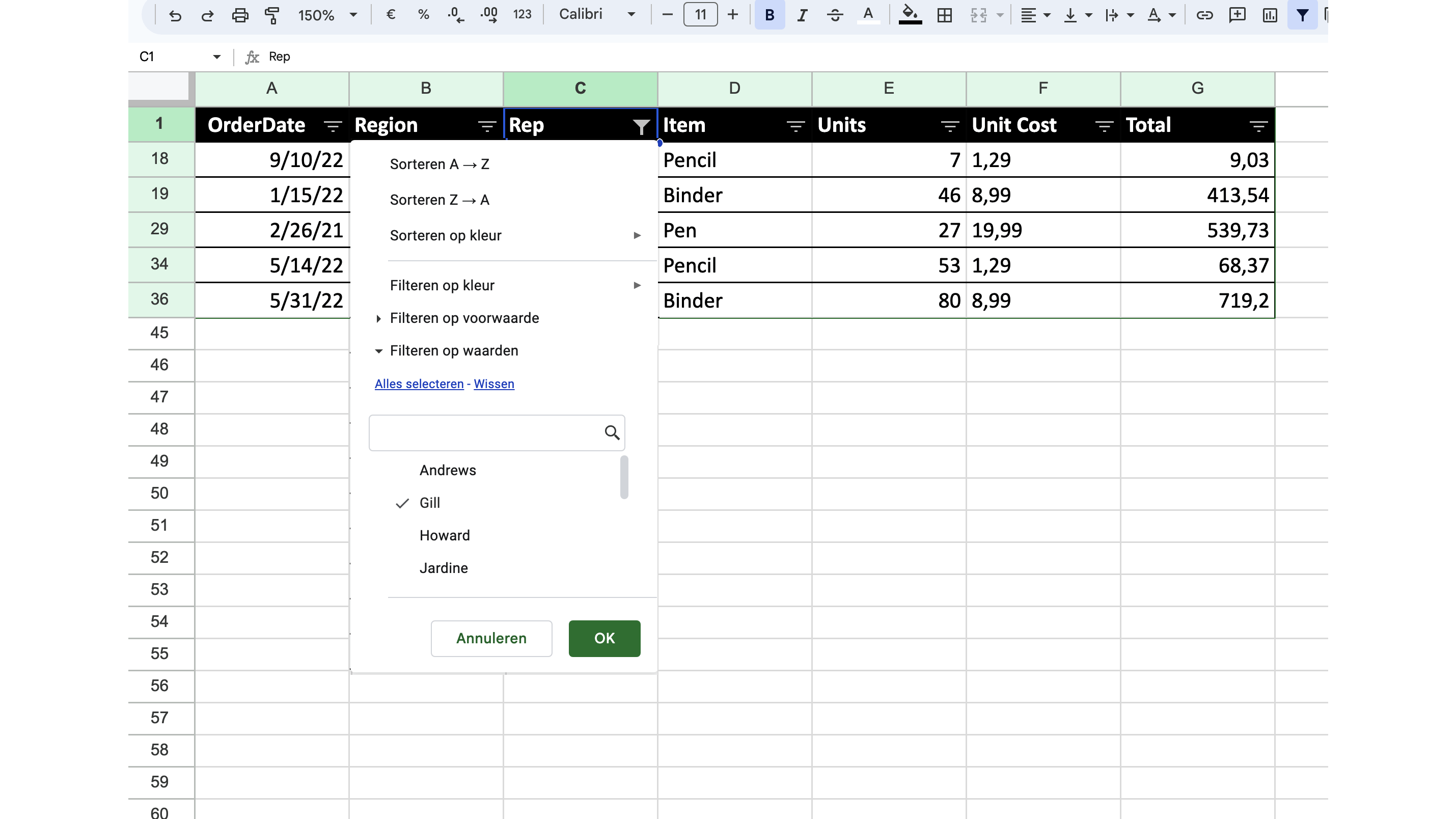 We willen alleen de verkoopcijfers van Gill zien.