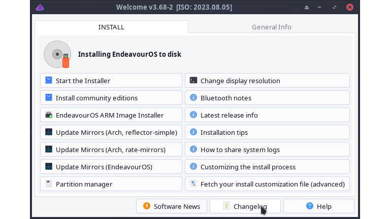Je start vanuit een liveomgeving de installatie van EndeavourOS.
