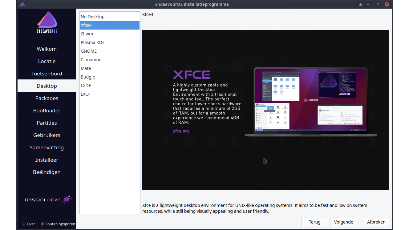 Beginners kiezen in het installatieprogramma bij voorkeur de Xfce-versie.