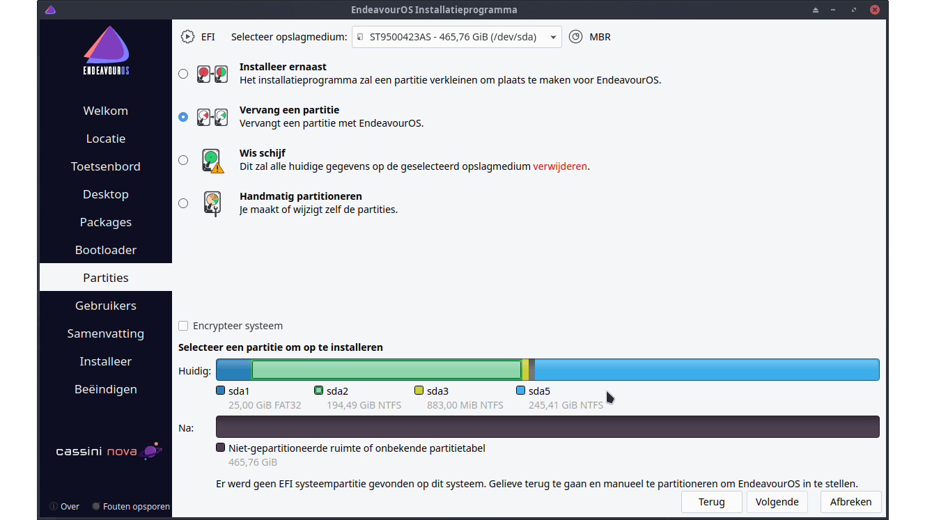 Je kunt EndeavourOS op een bestaande partitie van de schijf installeren.