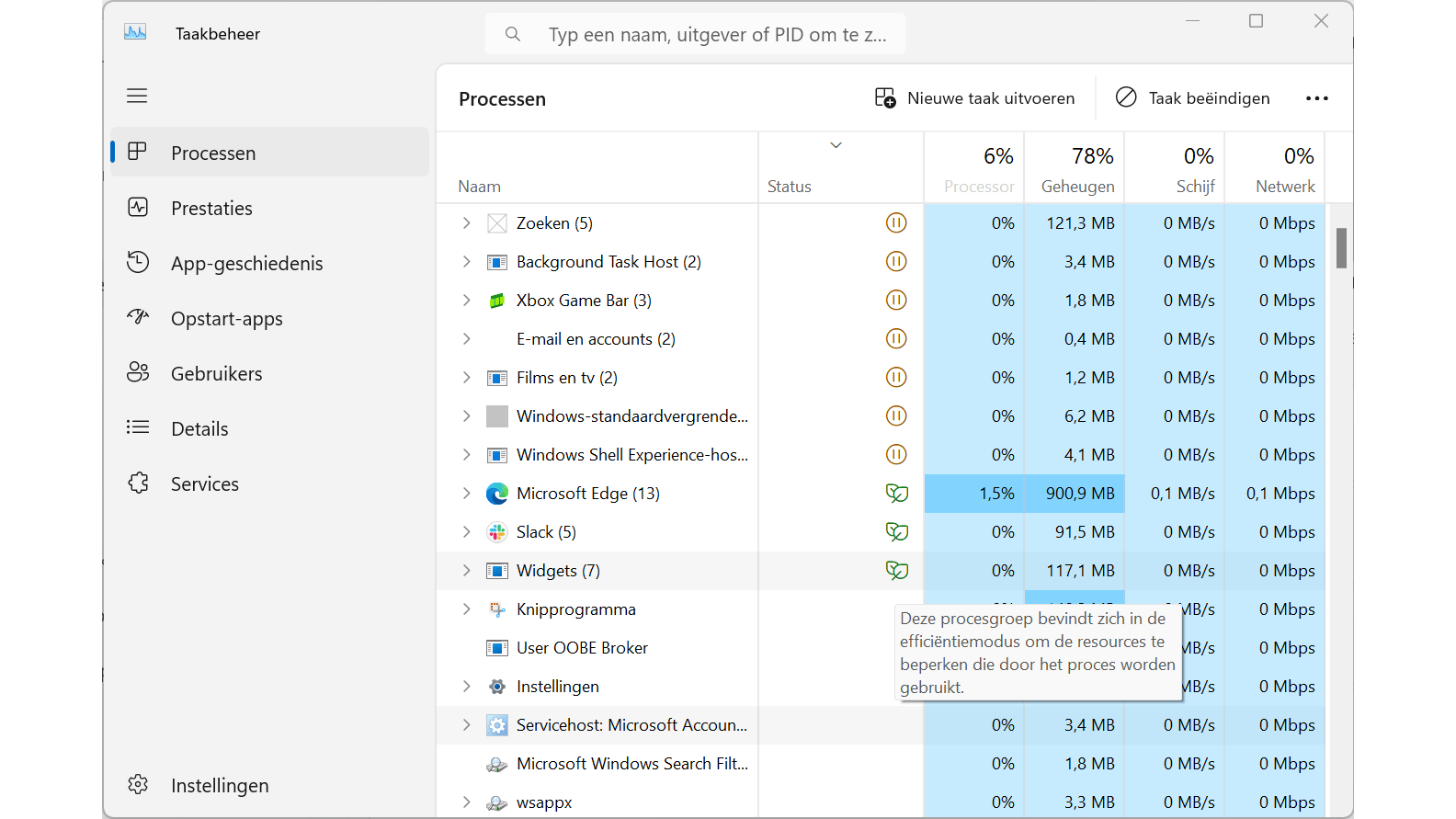 Taakbeheer heeft een Efficiëntiemodus en tabbladen.