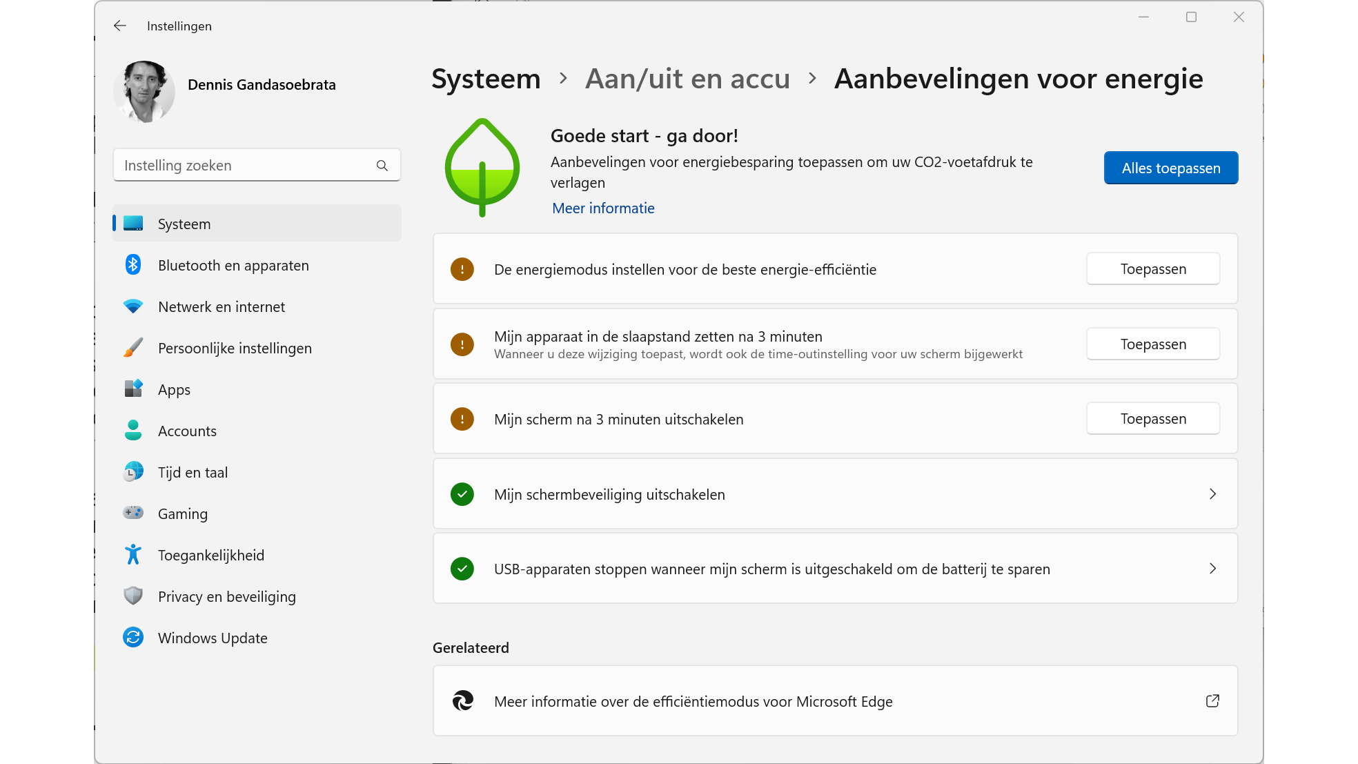 Instellingen om het energieverbruik te optimaliseren.