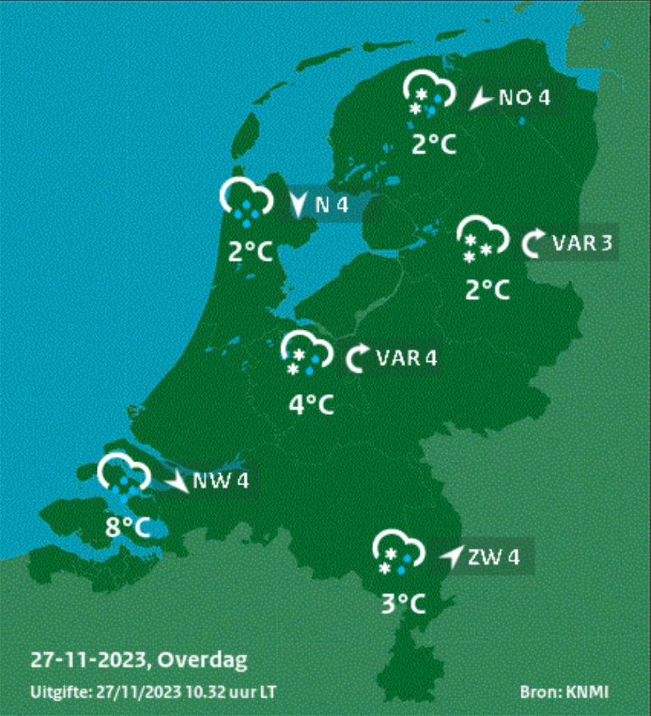 Flevoland, Drenthe, Overijssel, Gelderland, Utrecht, Noord-Brabant en Limburg krijgen te maken met gladheid. Bron: KNMI