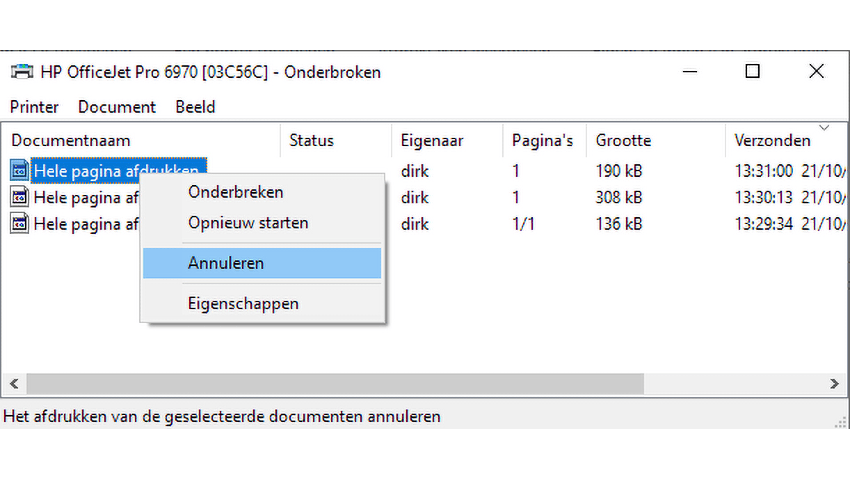 Annuleer de oudste printtaak.